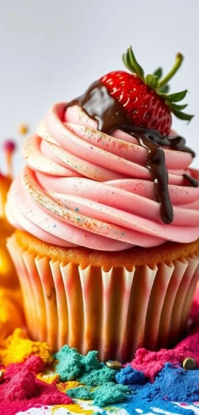 Colorful cupcake with strawberry and chocolate topping on vibrant background.