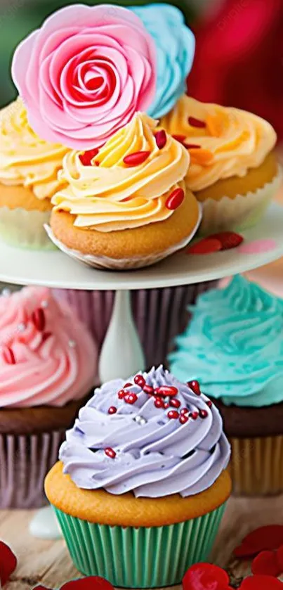 A stand of colorful cupcakes with vibrant frosting and flower decoration.