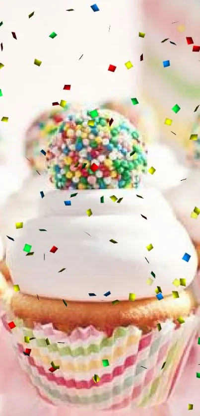 Colorful cupcakes with multicolored sprinkles on a pink background.