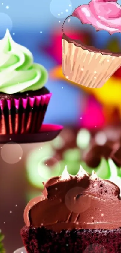 Colorful cupcake wallpaper with vibrant green frosting and chocolate desserts.