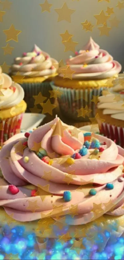 Colorful cupcakes with sprinkles and star decorations.