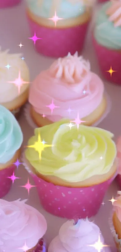 Pastel cupcakes with colorful frosting on a mobile wallpaper.