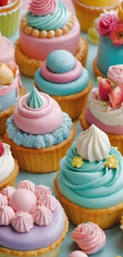 An array of vibrant pastel cupcakes with unique designs and decorations.
