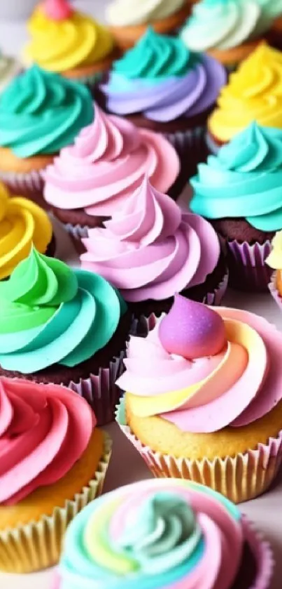 Colorful cupcakes with swirled frosting on a tray.