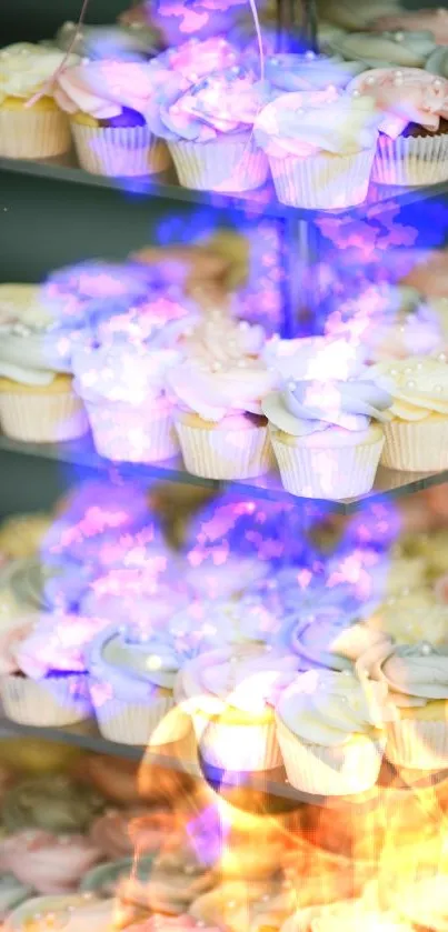 Tiered cupcake stand with pastel colors in mobile wallpaper.