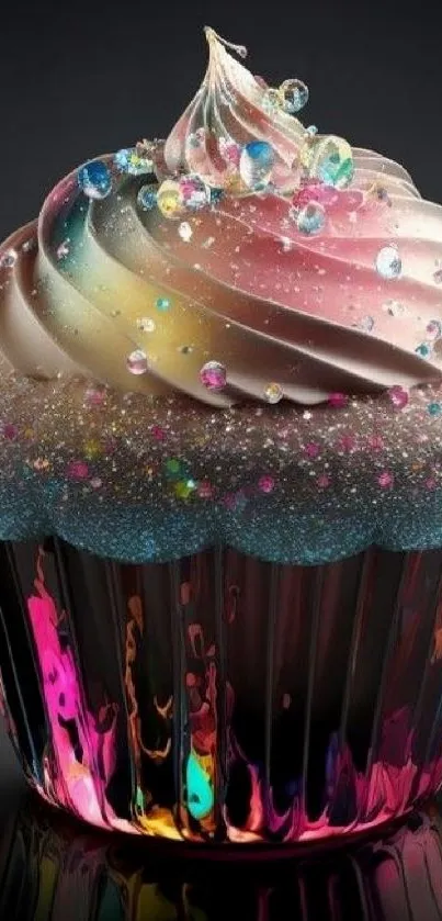 Colorful cupcake with sparkling gems and rainbow icing on a dark background.