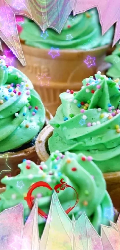 Colorful cupcakes on ice cream cones with sprinkles.