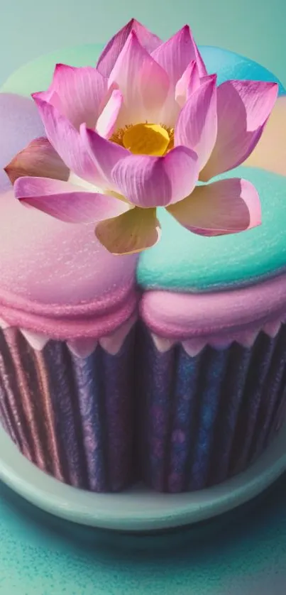 Colorful cupcake with lotus flower on top, in pastel tones.