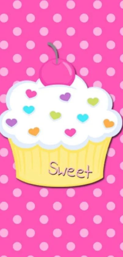 Colorful cupcake with a pink polka-dot background mobile wallpaper.