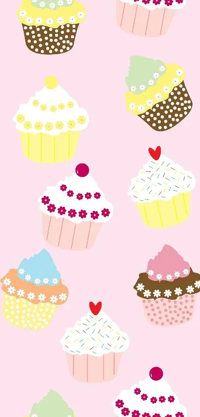 Colorful cupcakes pattern wallpaper on a light pink background.