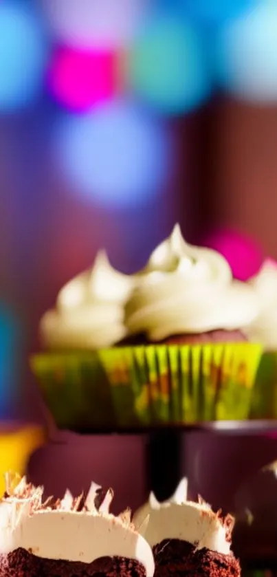 Cupcake with frosting and colorful bokeh background