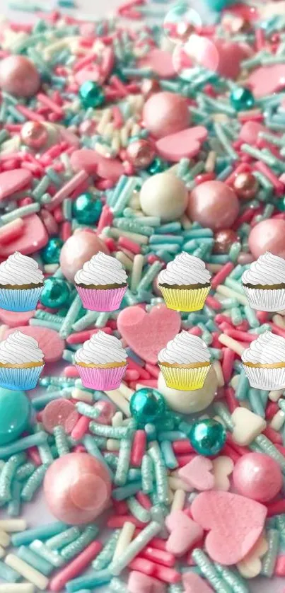 Cupcake-themed wallpaper with colorful sprinkles design.