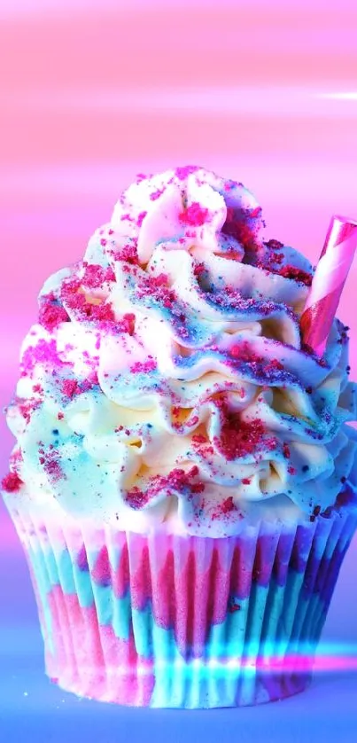 Colorful cupcake with pink and blue swirl background.