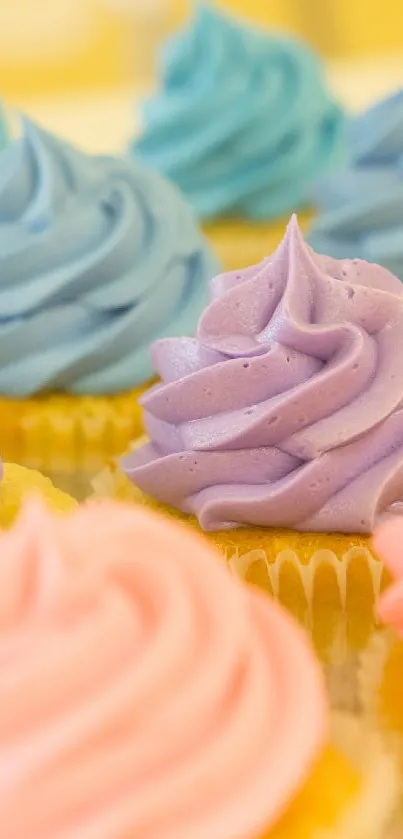 Pastel frosted cupcakes with vibrant colors of pink, blue, and purple.