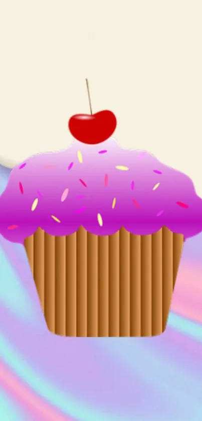 Colorful cupcake with cherry on pastel swirl background.