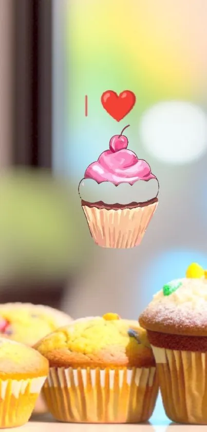 Colorful cupcake wallpaper with muffins and an 'I love' design.