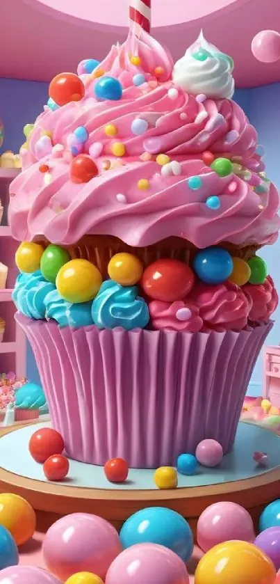 A vibrant cupcake with colorful candies in a pastel-themed room.