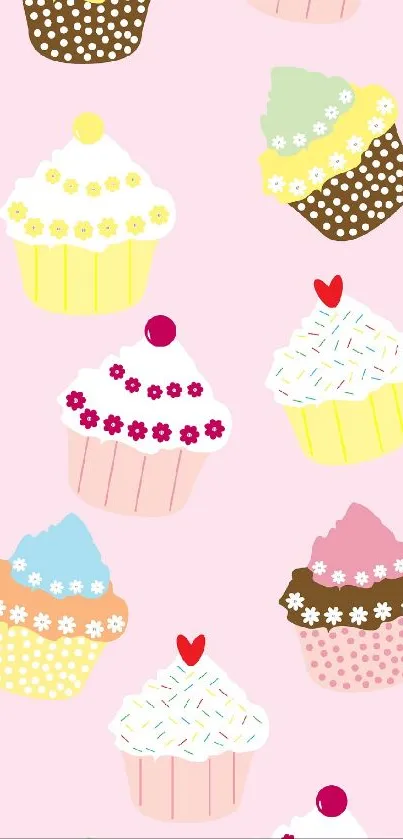 Colorful cupcake pattern on a light pink background.