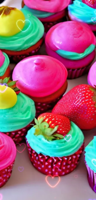 Bright cupcakes with pink, turquoise, and yellow frosting topped with strawberries.