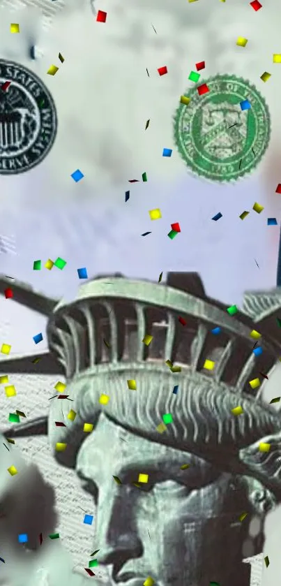 Colorful Statue of Liberty with confetti and currency art design.