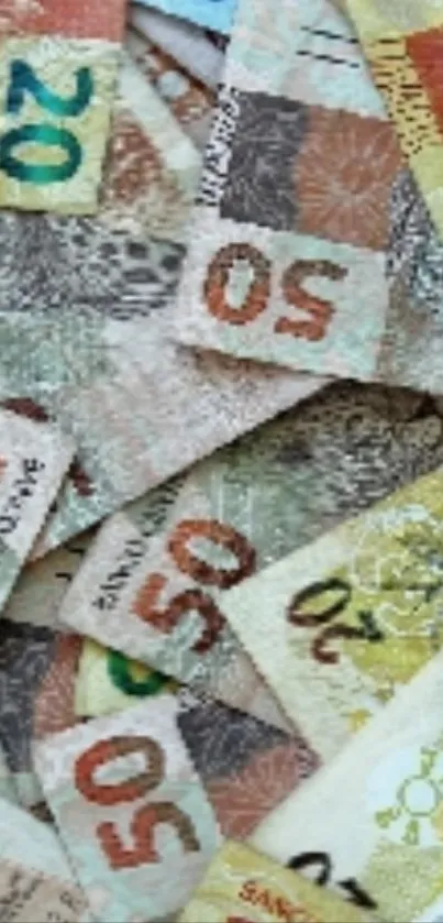 Assorted foreign banknotes laid out in a colorful collage.
