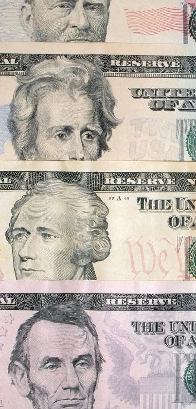 Collage of vintage US dollar bills with historical figures.