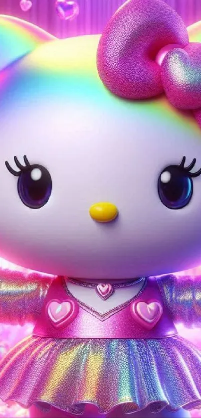 Rainbow-colored cat with pink bow and shining hearts in vibrant wallpaper.