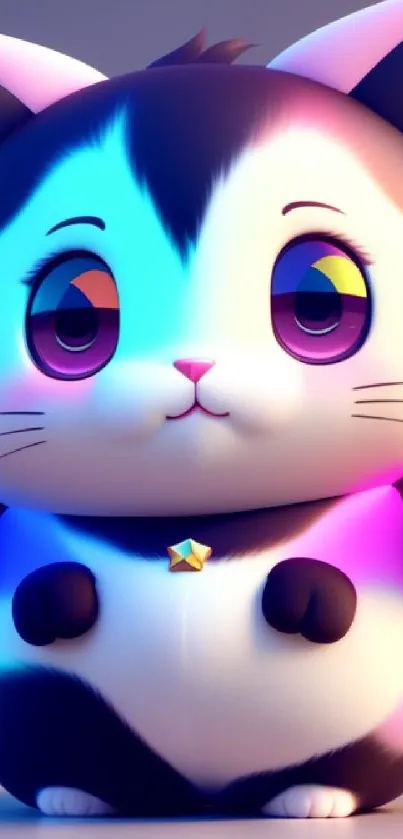 Adorable neon-colored cartoon cat with vibrant blue and pink highlights.