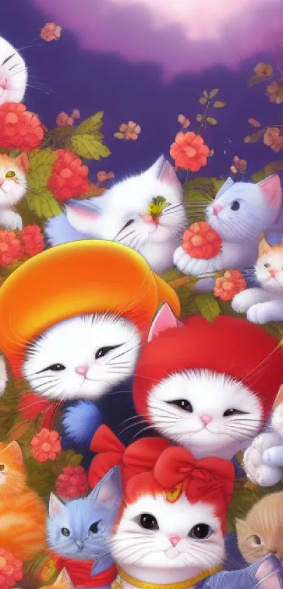 Adorable kittens amidst vibrant flowers on a colorful mobile wallpaper.