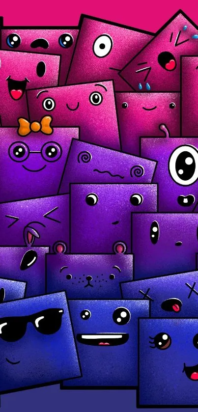 Colorful cartoon squares with various expressions on a vibrant purple background.