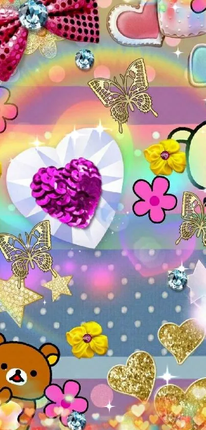 Cute kawaii wallpaper with rainbows, bears, and colorful hearts.