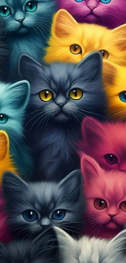 Vibrant wallpaper featuring a collection of colorful kittens with bright, curious eyes.