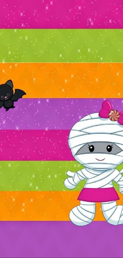 Cute mummy and bat with colorful striped background.