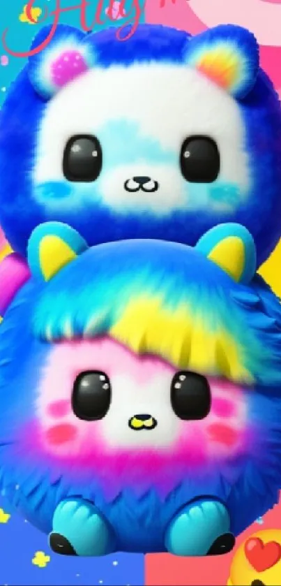 Cute colorful plushies on vibrant phone wallpaper.