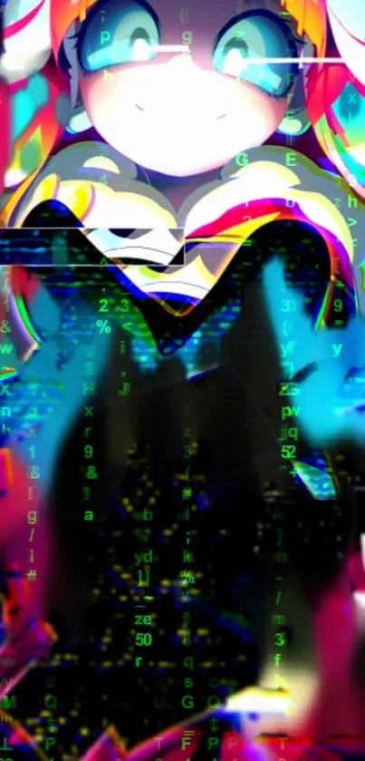 Neon cyber glitch wallpaper with animated character and digital elements.