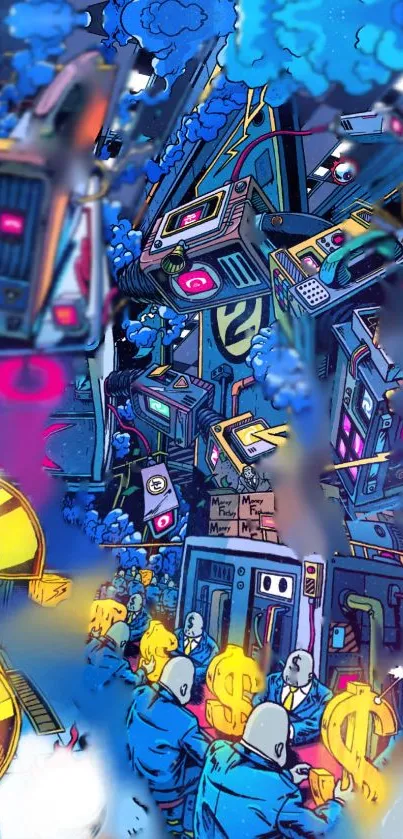 A vibrant cyberpunk cityscape with neon colors and futuristic elements.