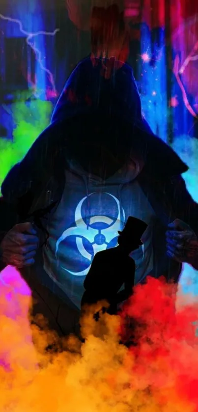 Mysterious hooded figure in vibrant neon colors with biohazard symbol and colorful smoke.