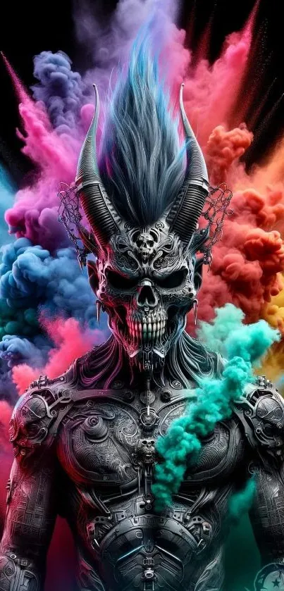 Vibrant cyberpunk skull with colorful background explosion.