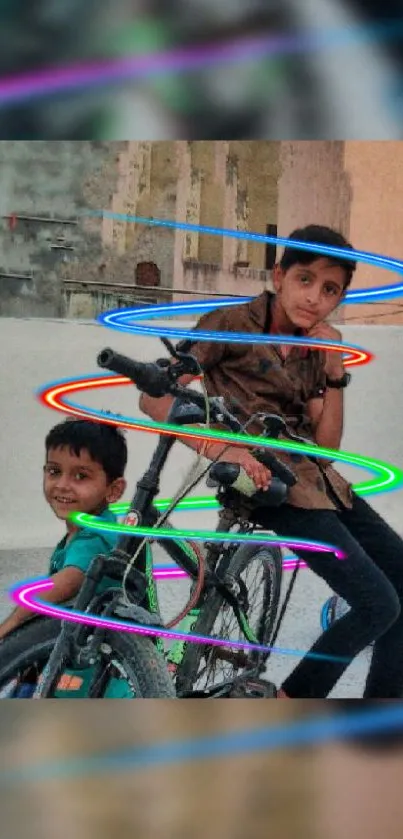 Two boys on bicycles with neon spiral effects in an urban setting.