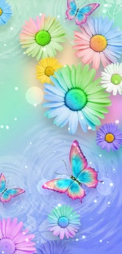 Colorful daisies and butterflies on a pastel background.