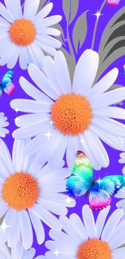 Daisies and butterflies on a purple backdrop.