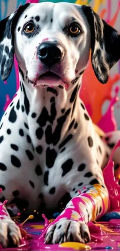Dalmatian surrounded by colorful paint splashes.