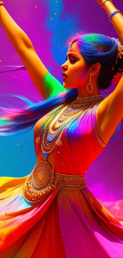 Colorful traditional dance wallpaper with vibrant hues and elegant pose.