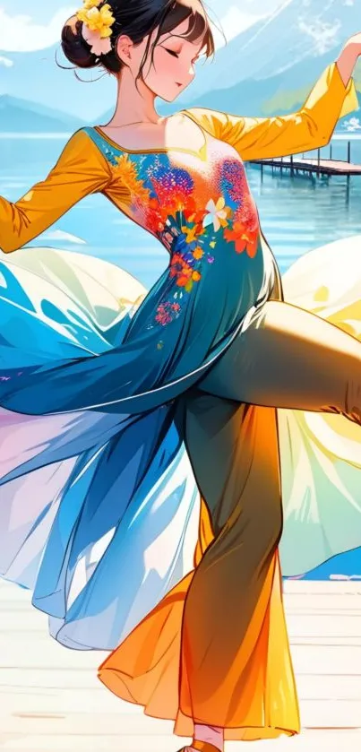 Anime dancer by a serene mountain lake in vibrant colors.