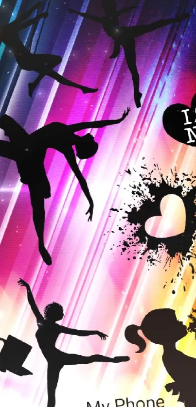 Colorful wallpaper with dance silhouettes and a heart graphic on a vibrant background.