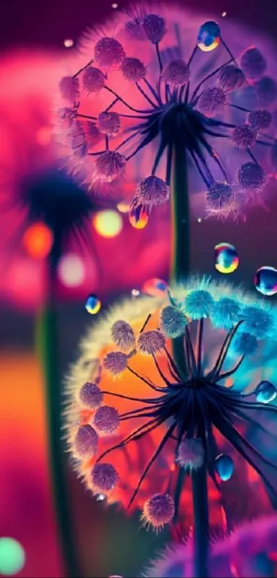 Colorful dandelions with vibrant purple and pink hues in artistic design.