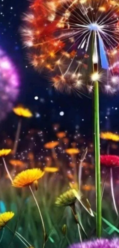 Colorful dandelion wallpaper with vibrant night sky.