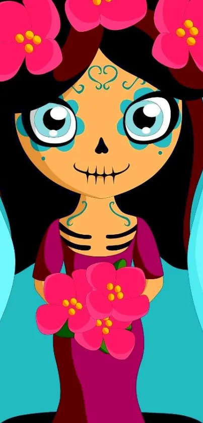 Day of the Dead cartoon wallpaper with floral design.