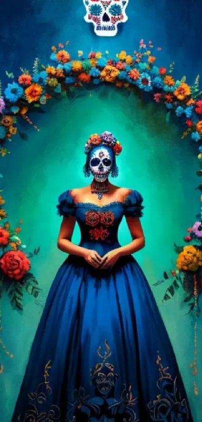 Day of the Dead art with a colorful Catrina and floral arch against a blue background.