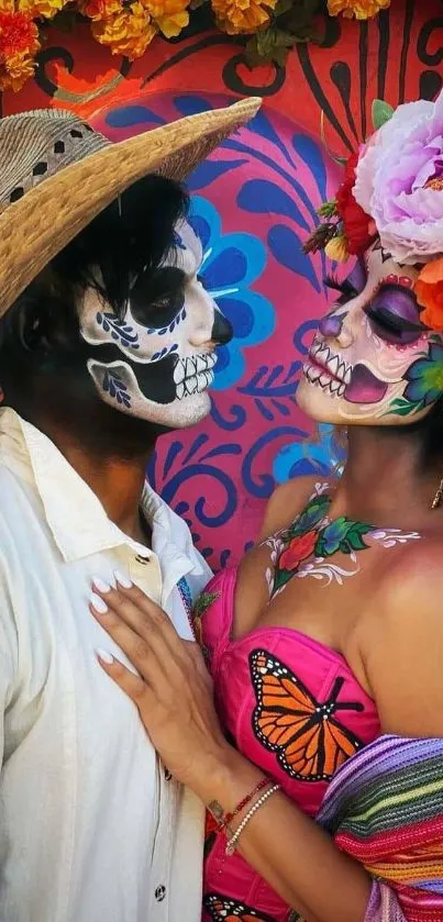 Colorful Day of the Dead wallpaper with vibrant face paint and floral design.